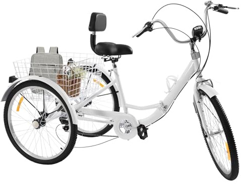 SYNCMH Tricycle pour adultes, 24 pouces, pliable, 7 vitesses, 3 roues, avec panier, lumière avant LED, porte-gobelet et réflecteurs, tricycle pour adultes et personnes âgées, blanc