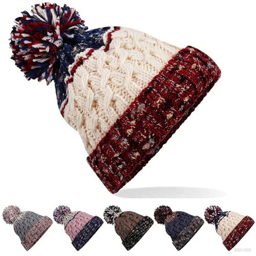 Winter Bobble Hat for Women - Thermal Fleece Lined Knitted Beanie Hats Ladies with Fur Pompom for Working Skiing Hiking Running (UK, Alpha, One Size, Beige)