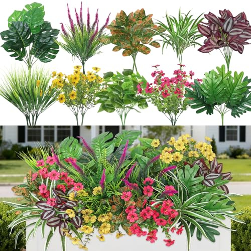 Dremisland 20 st konstgjorda växter blommor utomhus UV-resistenta falska blommor stora växter falska buskar buskar falska gräs grönska stjälkar för inomhus utomhus trädgård planterare veranda gångväg