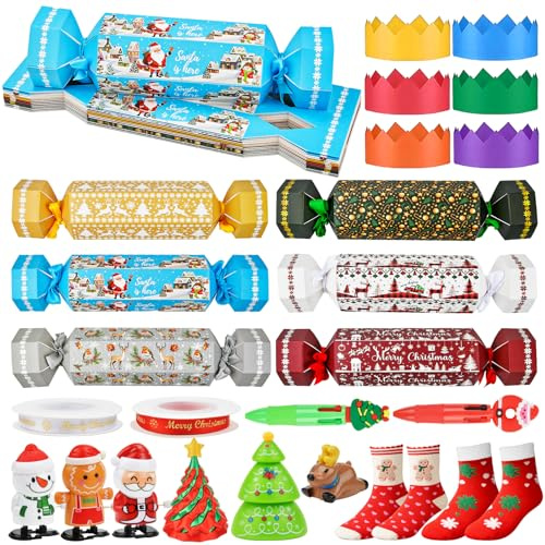 Abitoncc Crea i tuoi cracker natalizi con regali, kit di cracker natalizi fai da te, scatole di carta per caramelle, con cappelli di carta, decorazioni novità, fai da te i tuoi cracker, senza scatto