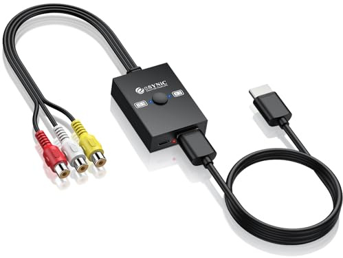 eSynic Cinch zu HDMI Konverter 1080P/720P 4:3/16:9 Umschaltung Composite CVBS AV Audio Video Adapter 50cm Kabel & USB-Netzkabel Kompatibel mit Wii/PS1/PS2/N64/VCR/DVD für Retro-Spiele & Alte VHS Filme