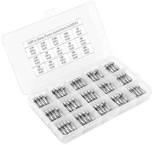 Set di 150 fusibili in vetro a fusione rapida, 5 x 20 mm, assortiti, 15 valori, fusibili a tubo 250 V, 0,1 0,2 0,25 0,5 1 1,5 2 3 4 5 8 10 12 15 20 A, scatola di immagazzinaggio trasparente