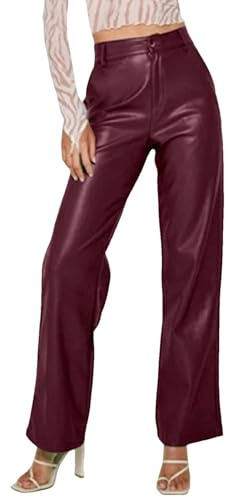 Pantaloni da donna in pelle, a vita alta, eleganti, in tinta unita, a gamba larga, per il tempo libero, antivento, impermeabili, in similpelle, leggings con tasche, pantaloni da jogging in pelle PU, O