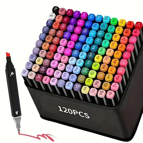 MF artSHOP Set Pennarelli Professionali 120 Colori – Marker Doppia Punta Alcohol-Based per Disegno, Manga, Fumetti, Lettering – Alta Pigmentazione con Custodia