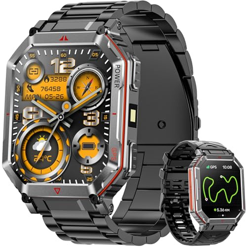 Orologio intelligente militare Cinghia in Acciaio per uomini, con GPS/bussola, assistente vocale GPT, display HD 2.01, chiamate Bluetooth, tracker fitness, compatibile con Android e iOS (Nero)