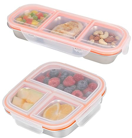 2 Scatole per snack in acciaio inox con 3 scomparti, Riutilizzabile Snack Box piccolo Bento Lunch Box per Bambini e Adulti, Scatola Bento in metallo con coperchio per scuola, lavoro, campeggio