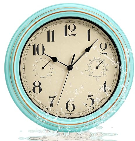 Lumuasky Reloj de pared silencioso resistente al agua con termómetro e higrómetro, 30 cm, reloj de pared para exteriores, sin ruido de tictac, reloj de jardín, resistente a la intemperie, para baño