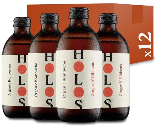 HOLOS Kombucha Drink Ginger & Hibiscus - Organic Kombucha Tea - Chilled, Unpasteurised Raw Kombucha - Vegan, All-Natural Ingredients - 12 x 330ml Kombucha Bottles