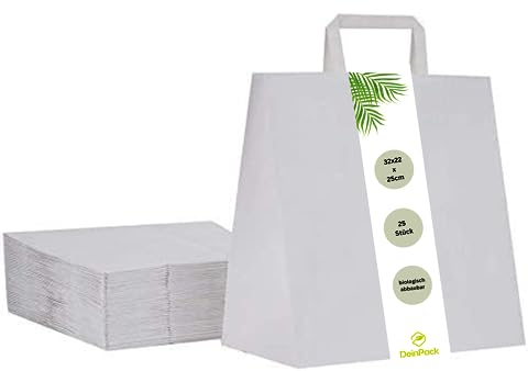 DeinPack Umweltschonende Papier Tragetaschen groß I Papiertüten Geschenktüten Papiertragetaschen biologisch abbaubar, kompostierbar I 25 x weiß Papier Tüten 32 x 22 x 25 cm