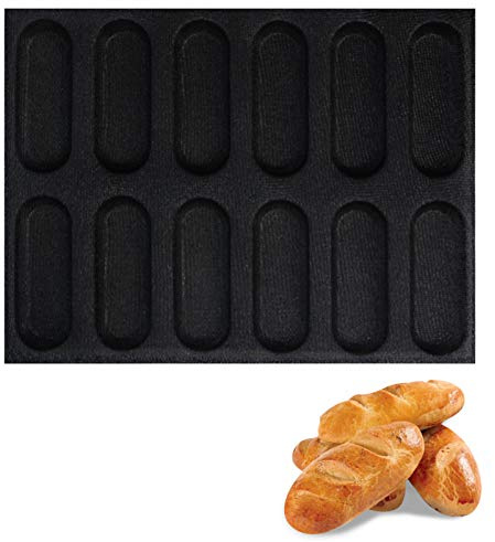 Silicone Hot Dog Bun Mold Mini Silicone Baguette Mould Non-Stick Baking Form Mini Sandwich Baking Molds Silicone Perforated Baking Forms(12Loaf,Black)