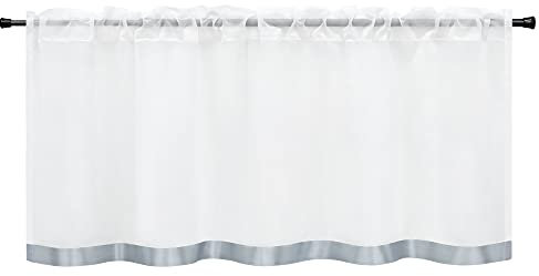 Heichkell Voile Bistro Curtain with Satin Ribbon Short Curtains Drawstring Kitchen Curtain Sewn-on Satin Ribbon as Border Grey W x H 120 x 30 cm