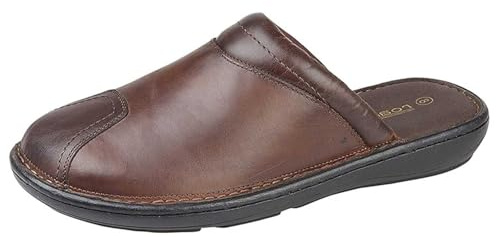 Roamers M024 Clog Mule herrtofflor i läder med vadderat foder och PU-sula, Brun, 43.5 EU