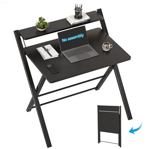 GreenForest Foldable Desk No Assembly Required,Small Desk with Monitor Shelf,Computer Desk for Small Space,Black