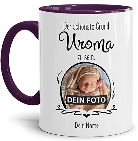 Tasse mit Spruch - Der schönste Grund Uroma zu sein - Personalisierbare Keramiktasse mit Namen und Foto - Geschenk Uroma - Innen & Henkel Violett, 300 ml