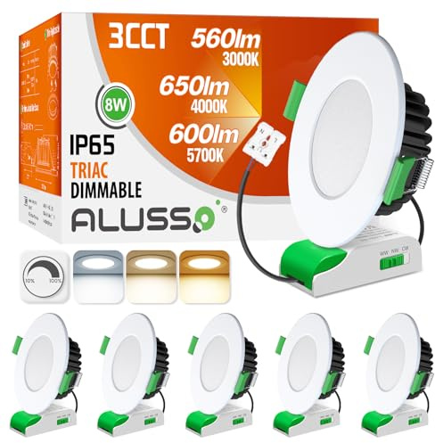 ALUSSO IP65 LED Downlights Ceiling Dimmable 8W Recessed Ceiling Lights Warm White 3000K Neutral White 4000K Cool White 5700K Adjustable Bathroom Kitchen Spotlights, White, 6 Pack