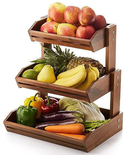 HOLANA Acacia Wood 3 Tier Fruit Basket, Durable, for Fruit and Vegetables