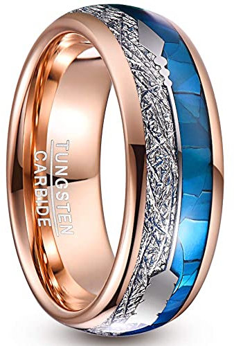 NUNCAD Bague Homme Femme Or Rose Carbure de Tungstène avec Coque Bleue,Météorite et La Flèche Alliance Homme Taille 58(18.5)