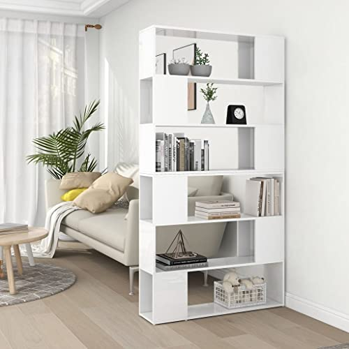 ZQQLVOO Bücherregal Raumteiler Hochglanz-Weiß 100x24x188 cm, Klassisch, 5 Regalböden, Freistehend mit Wandhalterung, für Wohnzimmer, Schlafzimmer, Arbeitszimmer