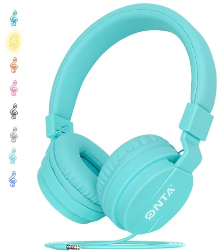 ONTA® Plegable en el oído para niños, Auriculares Ajustables y Ligeros para niños, para teléfonos móviles, iPhone, tabletas, iPad/PC/MP3/MP4, Color Verde Claro