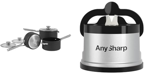 Ninja ZEROSTICK Stackable Cookware 3-Piece Pan Set, Non-Stick, 3 Saucepans, 16cm, 18cm and 20cm & AnySharp Knife Sharpener, Hands-Free Safety, PowerGrip Suction, Safely Sharpens All Kitchen Knives