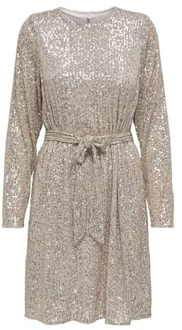 ONLANA L/S bälte paljettklänning JRS, Pumice Stone/Detaljer: pumioce Stone Sequins, M