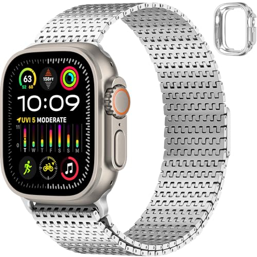 Anlinser Compatible avec Bracelet Apple Watch Ultra 2/Ultra 49mm, Bracelet en Métal Magnétique Compatible avec Apple Watch/iWatch Ultra 2/Ultra 49mm, Argent
