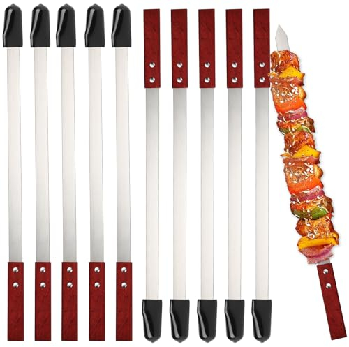 Adana Kebab Lot de 10 brochettes plates en acier inoxydable avec poignées en bois, 60 cm, réutilisables, accessoires de barbecue pour ustensiles de barbecue