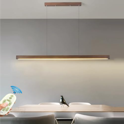 Lámpara colgante de madera para comedor, lámpara colgante LED, regulable, para salón, cocina, oficina, lámpara colgante moderna lineal con mando a distancia (marrón L100)