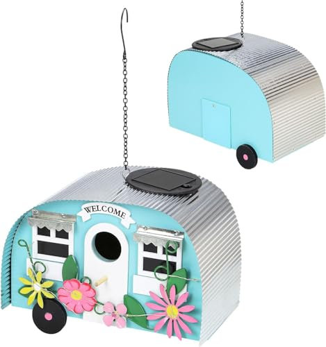Hanging Tree Caravan Bird House - Metal Colourful Nest Decorative Nesting Box - 10 LED Solar Garden Decor Caravan Light Weather Resistant for Outdoor Patio or Lawns