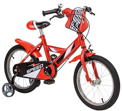 Baroni Toys Bicicletta Rossa Bambino con Ruote di Gomma, Campanello, Scudo Decorativo e Rotelle Incluse, Bici Sportiva da Bambini in Acciaio, Bicicletta per Bambini dai 4 a 7 anni, Misura 16
