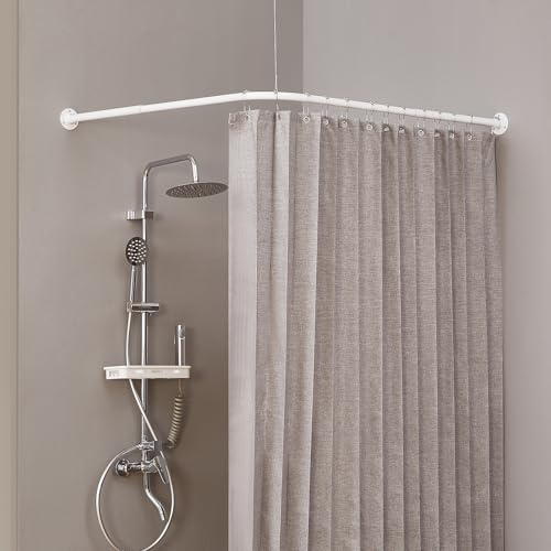 Crkmire Angolare Tenda Doccia, 61 - 94 cm x 61 - 94 cm Regolabile L Forma Doccia Rod 90 Gradi Tenda Rod per Bagno Vasca da bagno con 12 Anelli Ganci & Supporto Soffitto - Bianco