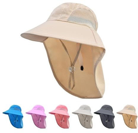 Rosoz Kids Sun Hat with Neck Flap UV Protection Summer Toddler Beach Hat Unisex Ponytail Hat Wide Brim Fishing Hat-Beige