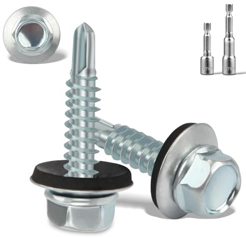 70 Stück Selbstschneidende Schrauben 5.5x25MM Trapezblechschrauben mit Dichtscheibe + 2 Stk Sechskant Bit Steckschlusselsatz M8 Spenglerschrauben Verzinkt Bohrschrauben Metalldachschrauben(Silber)