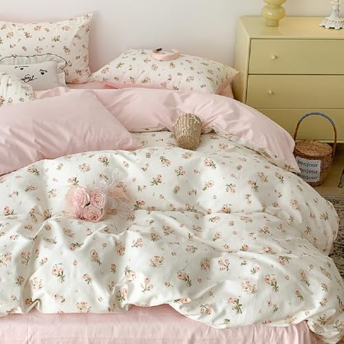 Lanqinglv Juego de ropa de cama 155 x 220 cm Rosa Blanco Flores Hojas Ropa de cama reversible para alérgicos, juego de ropa de cama estético ÖKO-TEX con cremallera y 1 funda de almohada de 80 x 80 cm