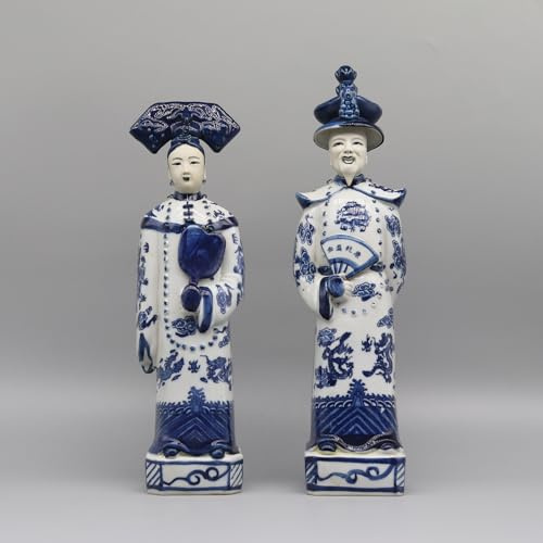Eastern tide Set di 2 statuine tradizionali in porcellana blu e bianca dell'imperatore cinese e dell'imperatrice cinese, statue decorative in ceramica