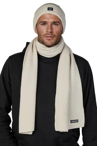 JACK & JONES mössa halsduk set män 2-i-1 vinterset mössa vintermössa vinterhalsduk svart blå grå beige, Moonbeam (förpackning 4), En Storlek