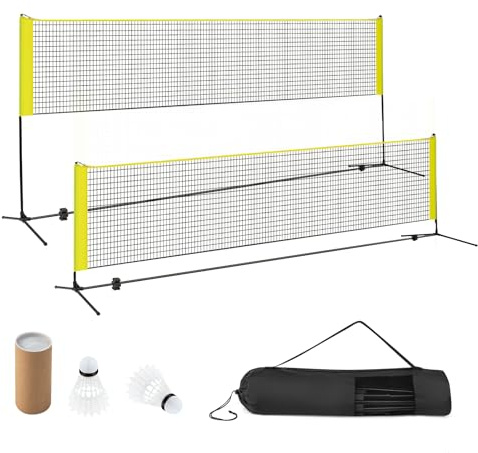 COSTWAY Badmintonnät utomhus 420cm, volleybollnät trädgård, badmintonnät höjdjusterbart med 2 badmintonbollar & bärväska, bärbart badmintonset med nät för badminton tennis volleyboll (gul)