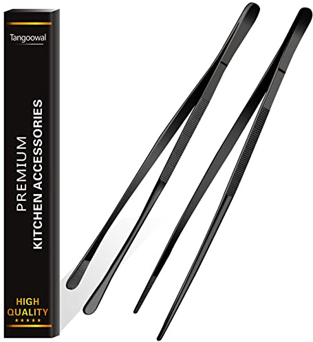 Tangoowal 2 Pcs 12-Inch Cooking Tweezers Tongs,Extra-Long Stainless Steel Kitchen Tweezer Tongs - Black