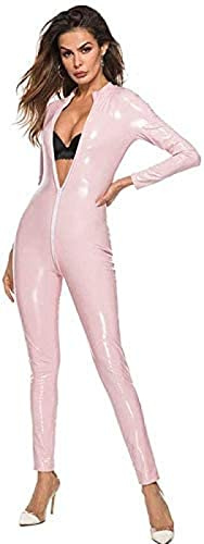 Women Patent Leather Bodysuit Sexy Clubwear Bodysuit Adult Cosplay Costumes Motorcycle Dancewear,Pink,X-Large