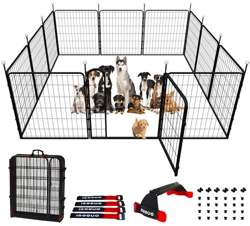 IGOOUO Dog Play Pen Indoors/Outdoor,32'' Portable Dog Fence with Easy-Carry Straps,12 Panels Dogs Pen Play Pen for Medium/Large Dogs,Rustproof Metal Pet Playpen for Camping RV Yard (with Two Doors)