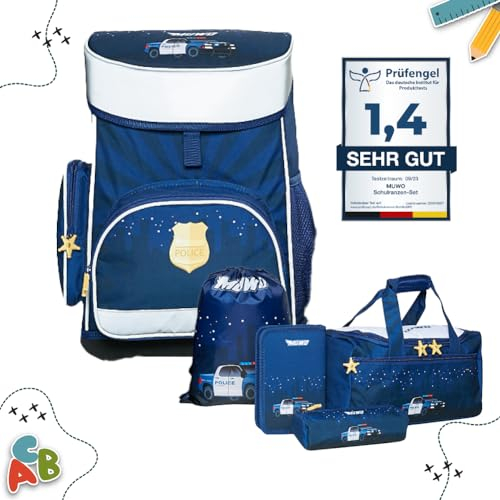 MUWO Kinder Schulranzen Set 5tlg. ergonomischer Leichter Schulrucksack mit Sporttasche, Turnbeutel, Federmappe, nur 920 Gramm (Polizei Design)
