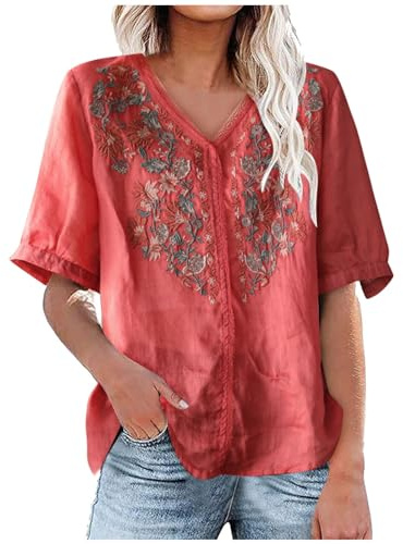Camicetta da Donna Elegante Camicetta da Donna Manica Corta Base Blusa Maglietta Scollo a V Top con Bottoni Moda Casual T Shirt Tinta Unita Classico Maglietta Tees Ampia Versatile per L'Estate