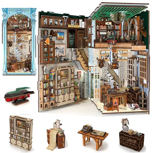 Minicity Book Nook Kit, DIY Dollhouse Booknook, Book Nook Miniature Kit for Bookshelf Insert Decor Crafts for Adults Teen Halloween, 3D Wooden Puzzle with Led Light (Hemingway House)