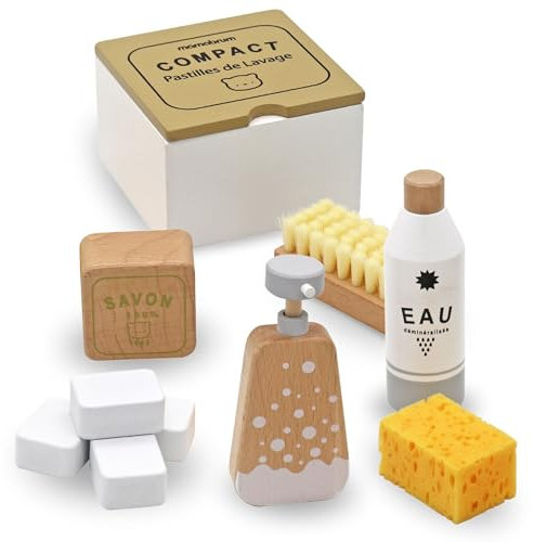 Mamabrum Ensemble de Nettoyage en Bois pour Enfants 3+, 10 Pièces - Kit avec Brosse, Éponge, Balai, Savon, Boîte - Jouets Éducatifs Ménage (24,5 x 16 x 8 cm)
