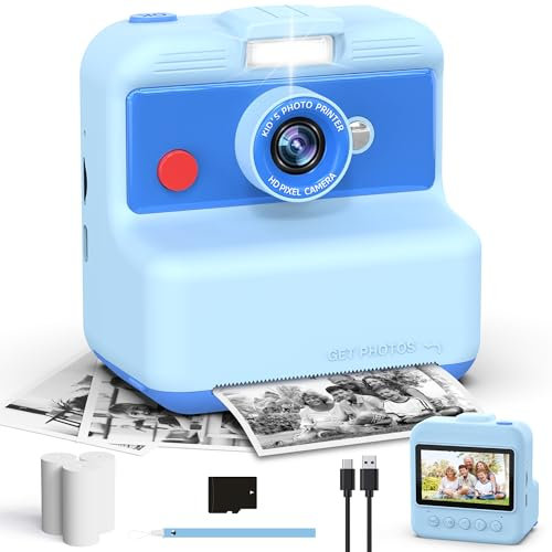 CAMCLID Appareil Photo pour Enfants instantané, 3,0 Pouces pour Enfants, 48 MP/2,5 UHD Caméra instantanée avec Carte de 32 Go, Cadeaux pour Filles garçons 3-12 Ans (Bleu)