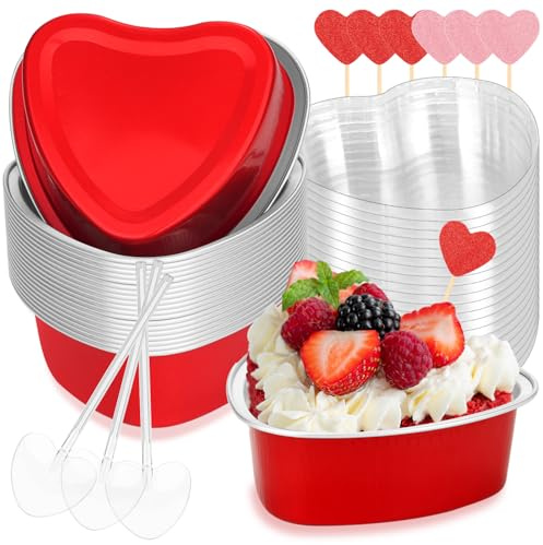 selizo 20 Packs Heart Shaped Cake Pans Valentine Aluminum Mini Cake Pans 3.4 Ounces with Lids Disposable Small Heart Cupcake Cup Pan Baking Pans for Valentine Mother's Day Wedding Birthday