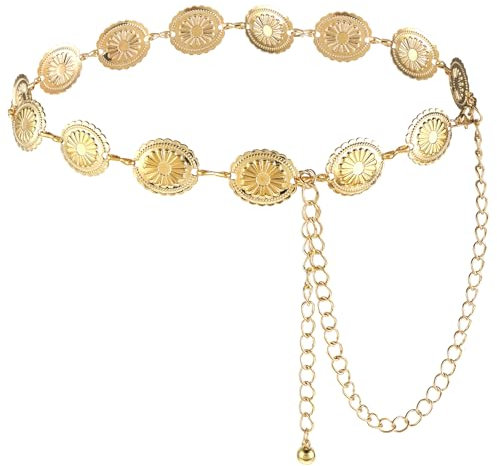 Prasacco Damen Boho Kettengürtel, Ausgehöhlter Daisy-Chain-Gürtel Verstellbare Taillenkettengürtel CowgirlGürtel Schmaler Vintage Gürtel Metallbund Kleidergürtel für Konzert Outfit