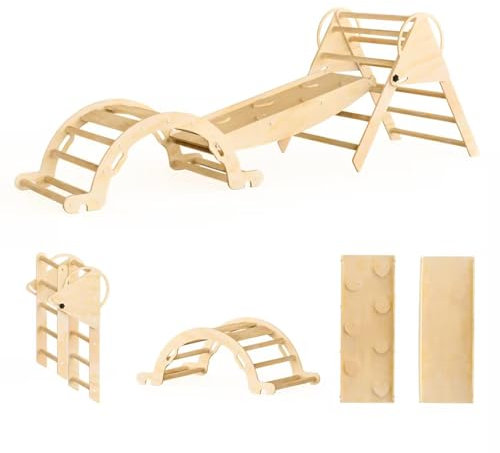 GT GETCO TECH 7-in-1klettergerüst Indoor,Kletterdreieck mit Rutsche und Kletterbogen Set, Stabilem Baby-kletterdreieck,Indoor Spielplatz(logs)