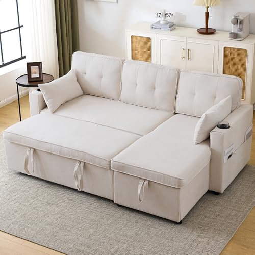 3 In 1 Convertible Sofa Bed Sleeper with Storage, 3 Seater L Shaped Sleeper Sofa Couches with Cup Holders & Pillows & Pockets, Pull Out Sectional Sofa Daybed for Living Room/Bedroom/Office, Beige