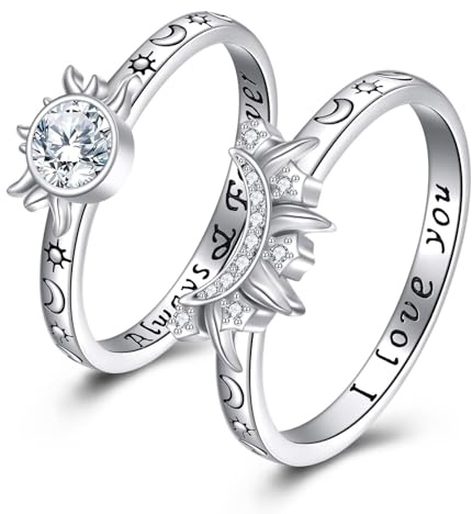 KZX Ensemble de bagues empilables en argent sterling 925 avec motif soleil et lune, bague d'amitié, bague de promesse pour sœur, épouse, amie, en argent sterling et oxyde de zirconium